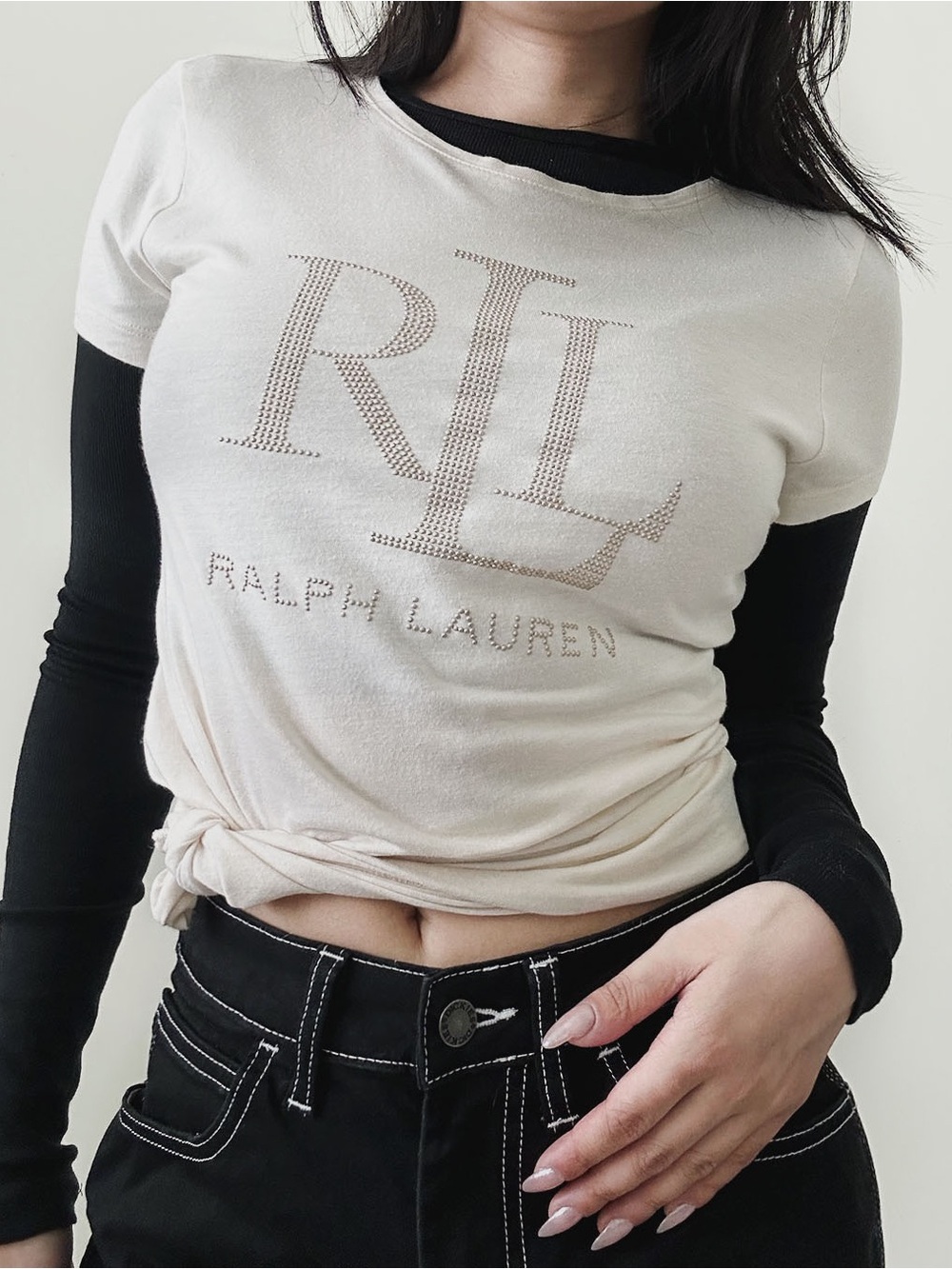 Ralph Lauren Cream Short Sleeve Tee with Rhinestone RL Logo
